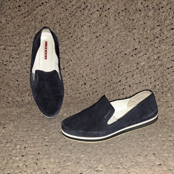 PRADA-3S 5749-Navy Suede Loafers-Silver Logo-Sz 36.5-Very Good Pre-Owned - Picture 1 of 8